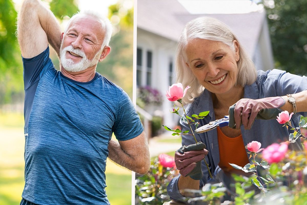 Composite image of man stretching next to a woman gardening