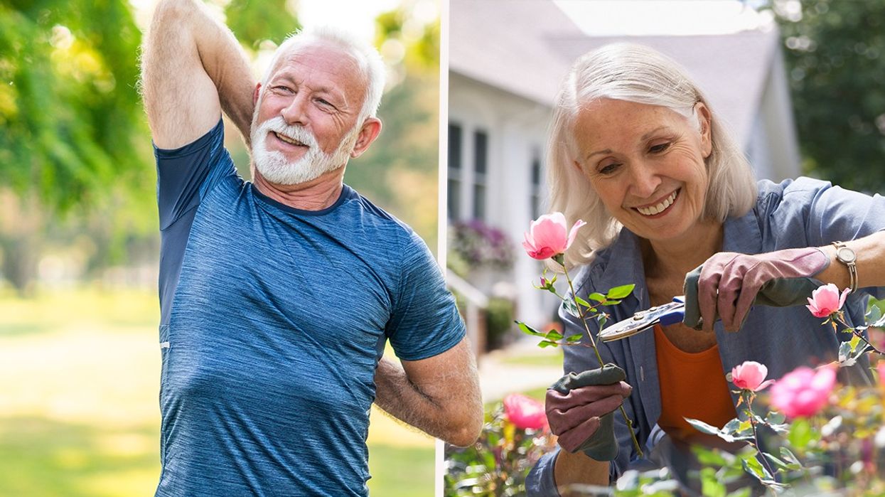 Composite image of man stretching next to a woman gardening