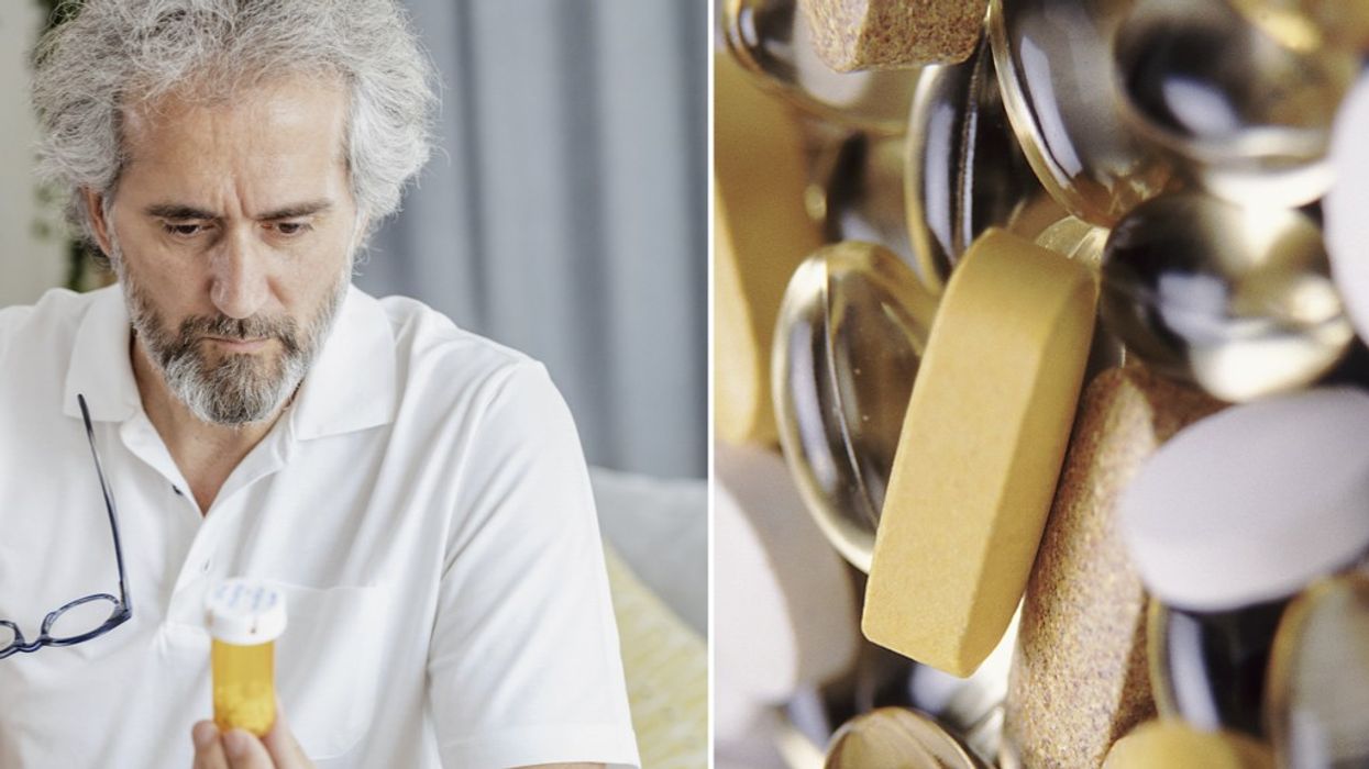 Composite image of man studying supplements bottle and supplements
