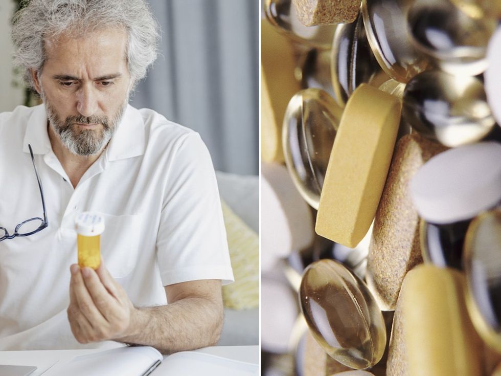 Composite image of man studying supplements bottle and supplements