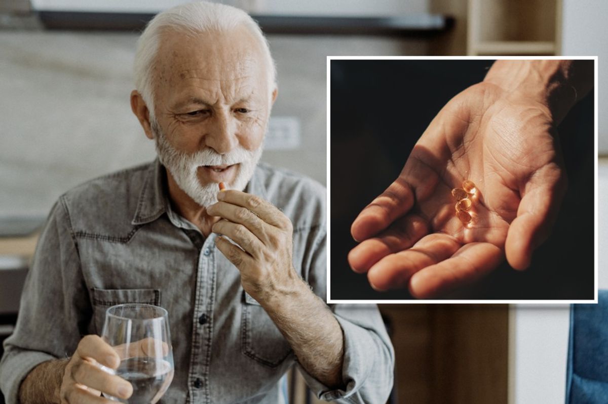 Composite image of man taking a pill and a hand holding supplements 