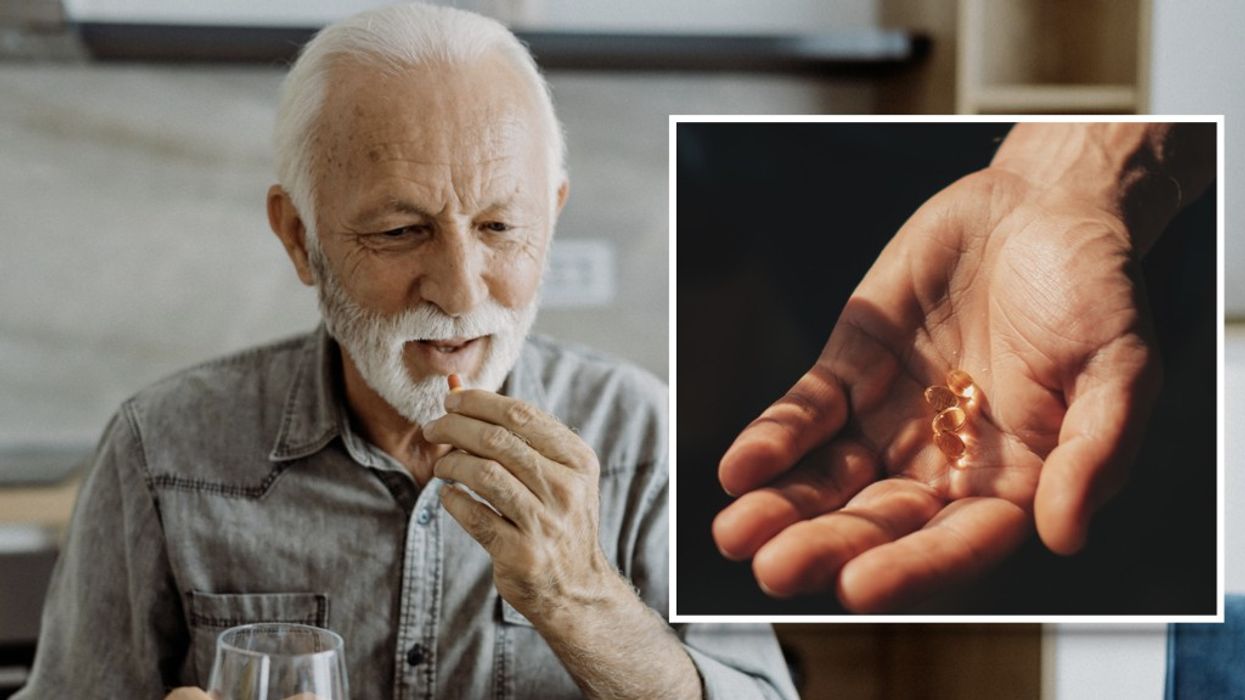 Composite image of man taking a pill and a hand holding supplements
