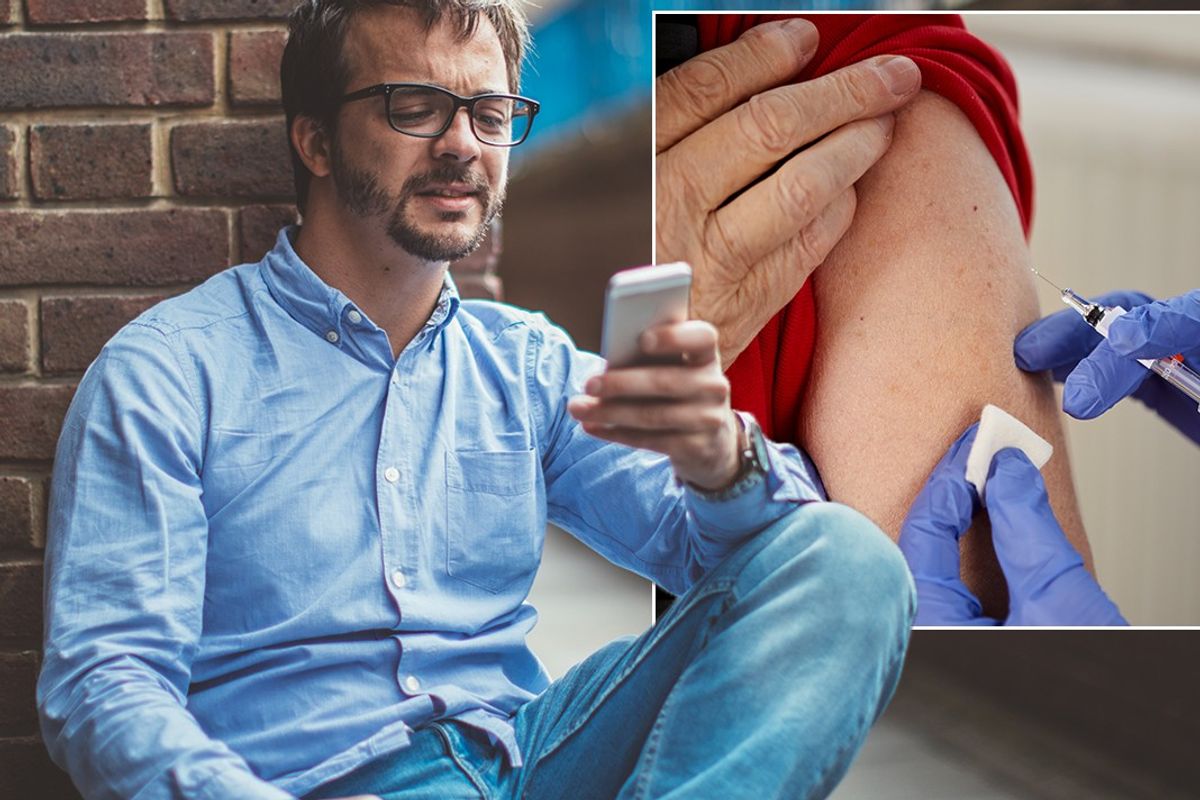 Composite image of man texting next to a vaccination