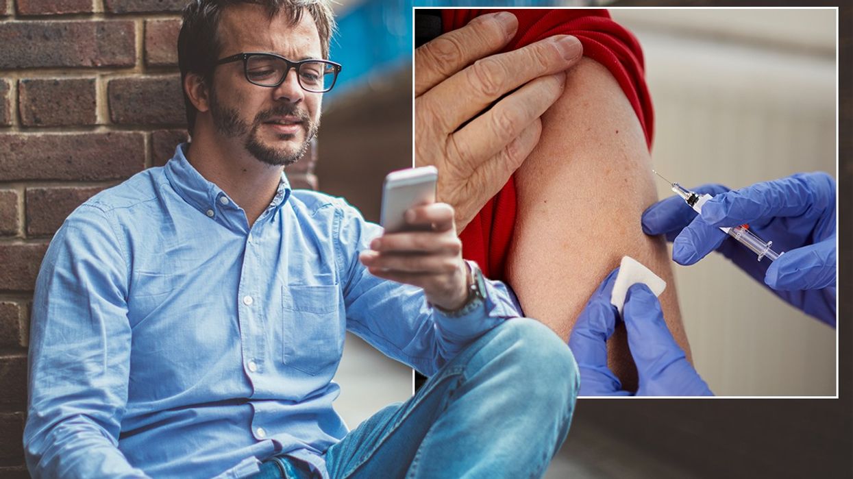 Composite image of man texting next to a vaccination