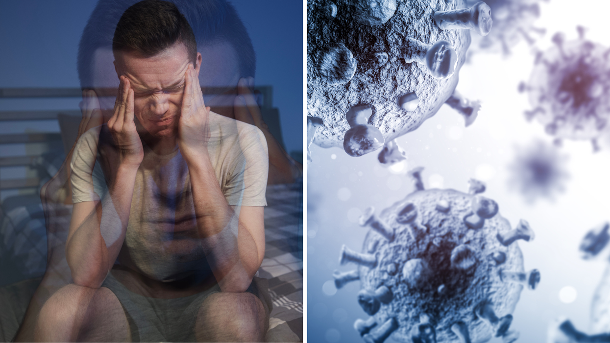 Composite image of man tripping out and a Covid virus spreading