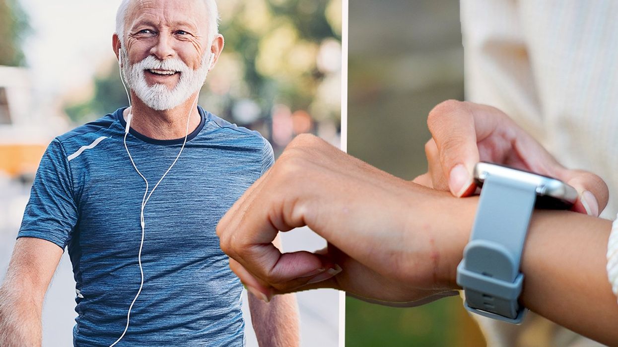 Composite image of man walking and man looking at his watch