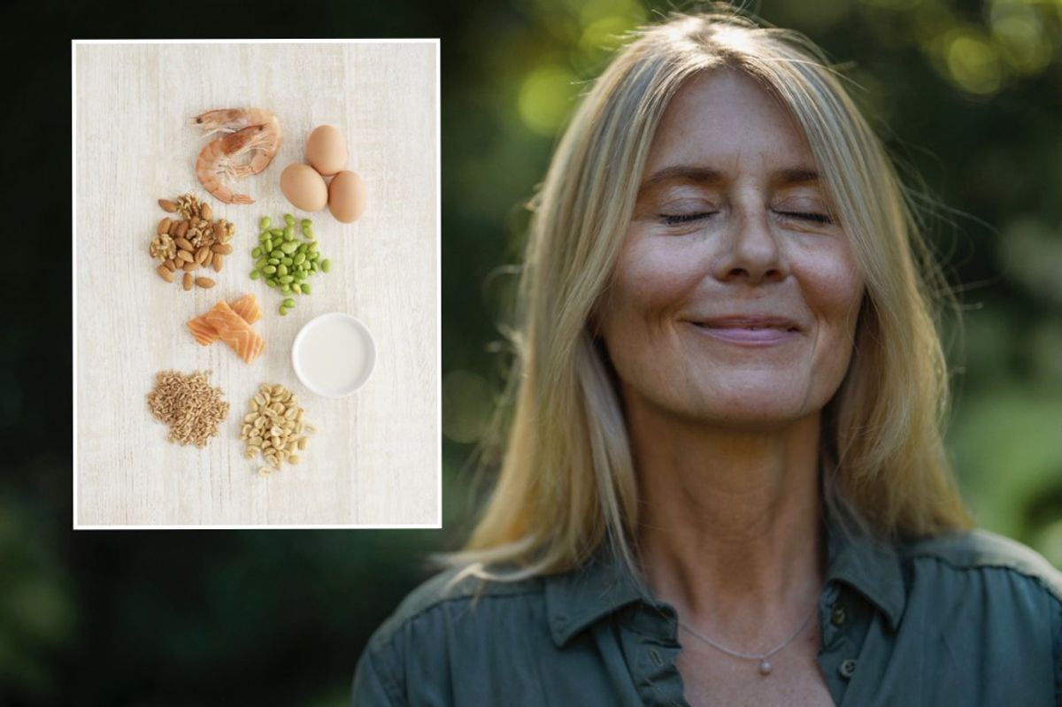Composite image of omega-3 foods and woman with her eyes closed 
