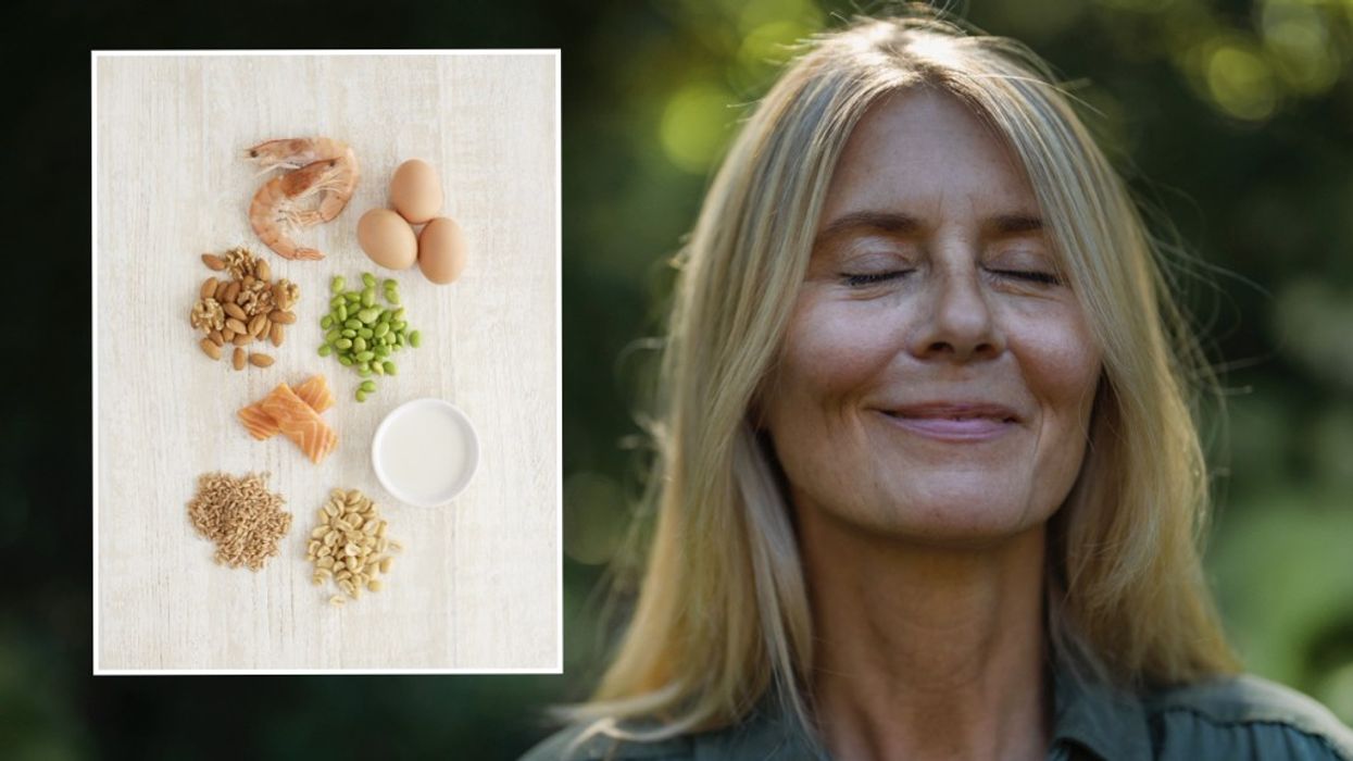 Composite image of omega-3 foods and woman with her eyes closed