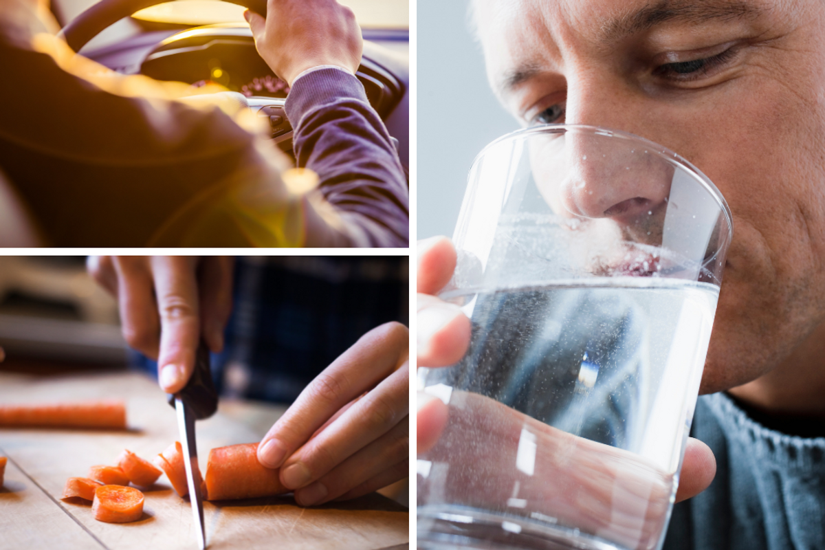 Composite image of person driving car (top right), person cutting carrots (bottom left) and man drinking water (right panel)