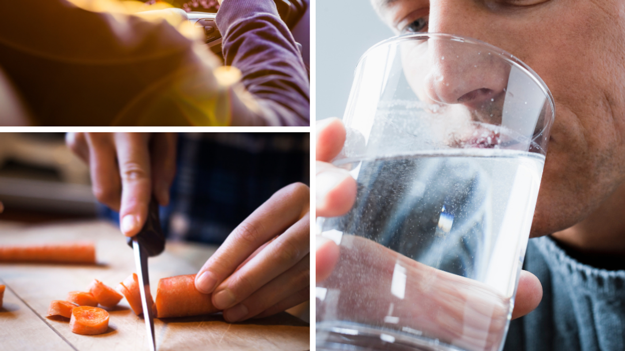 Composite image of person driving car (top right), person cutting carrots (bottom left) and man drinking water (right panel)