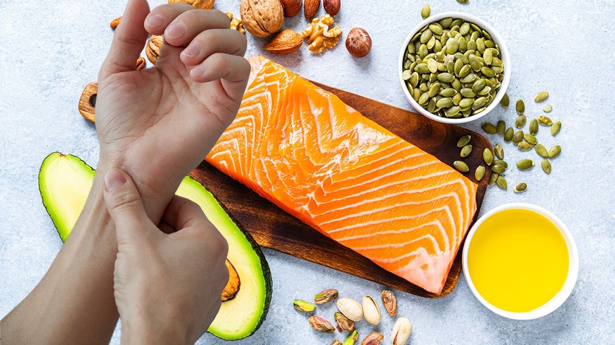 Composite image of person holding their wrist next to salmon