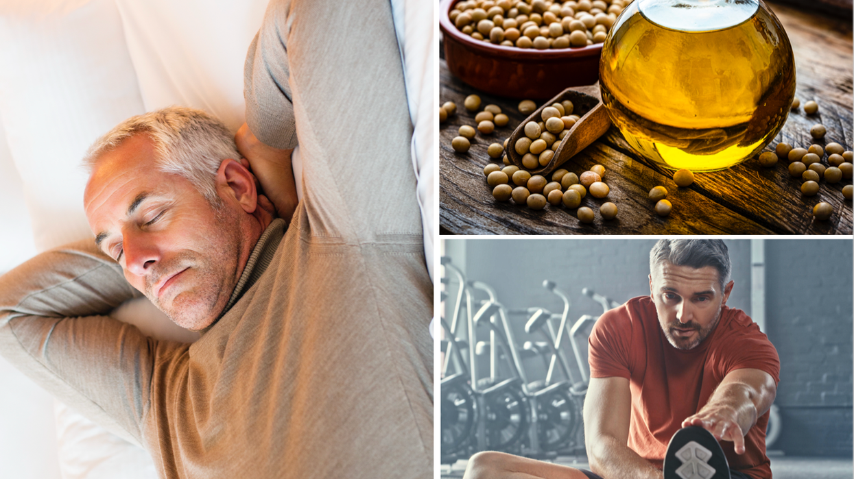 Composite image of person sleeping, oil and exercise