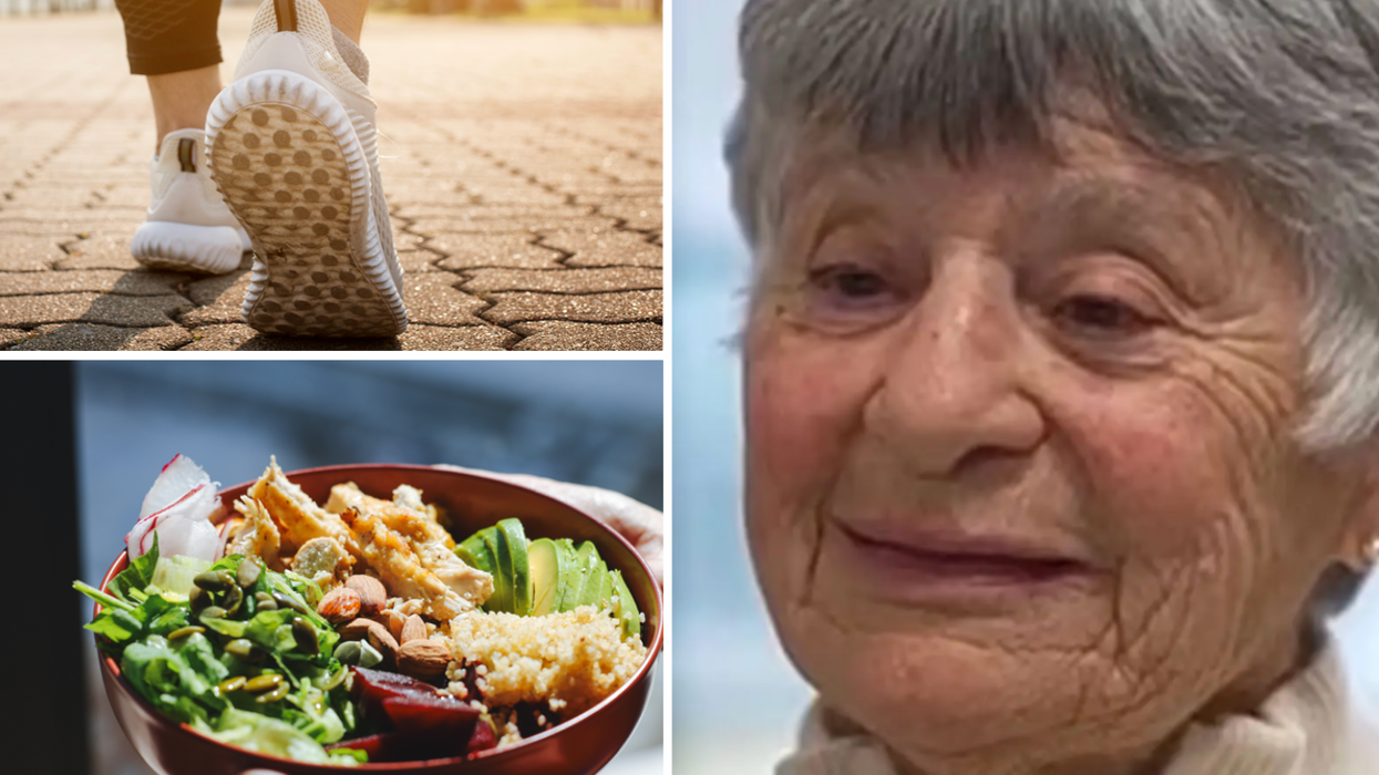 Composite image of person walking, eating a plant-based meal and Alzheimer's patient