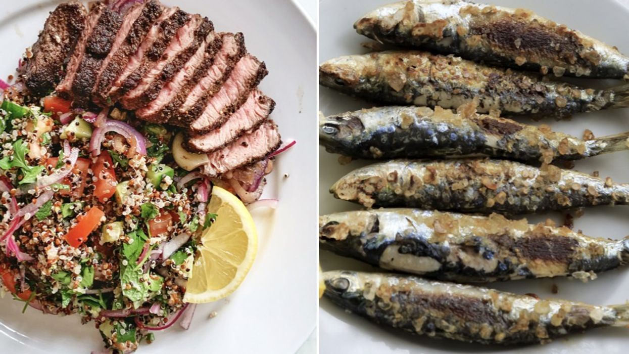 Composite image of red meat and herrings