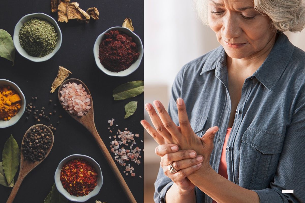 Composite image of spices and woman holding her hand in pain