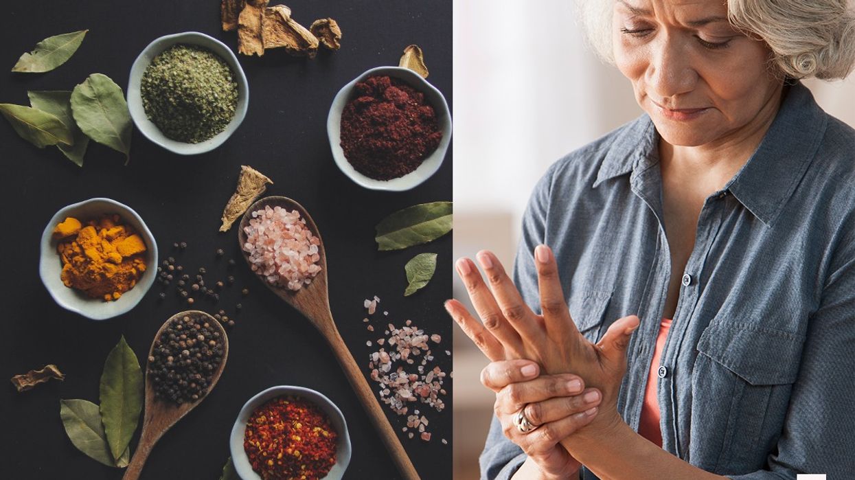 Composite image of spices and woman holding her hand in pain