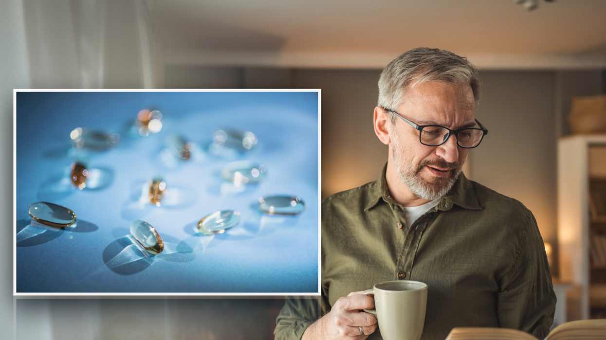 Composite image of supplement and man reading a book