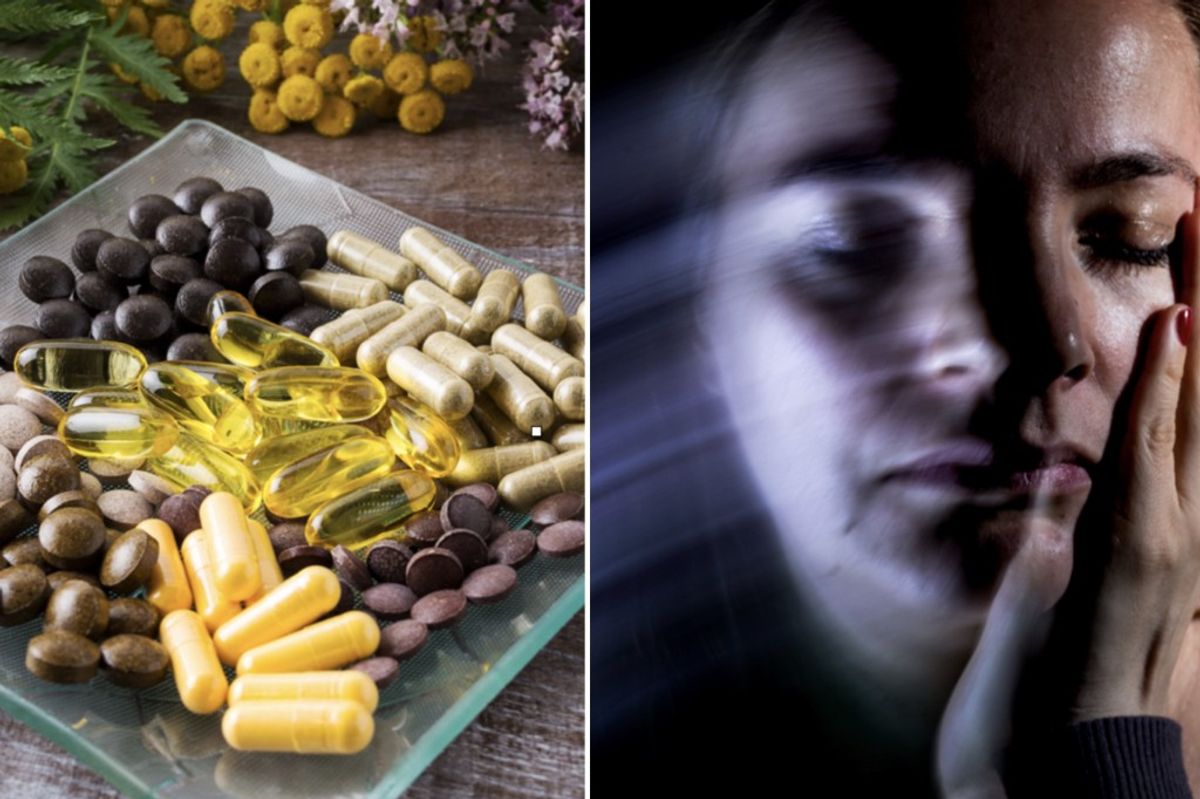 Composite image of supplements (left) and antidepressants (right) 