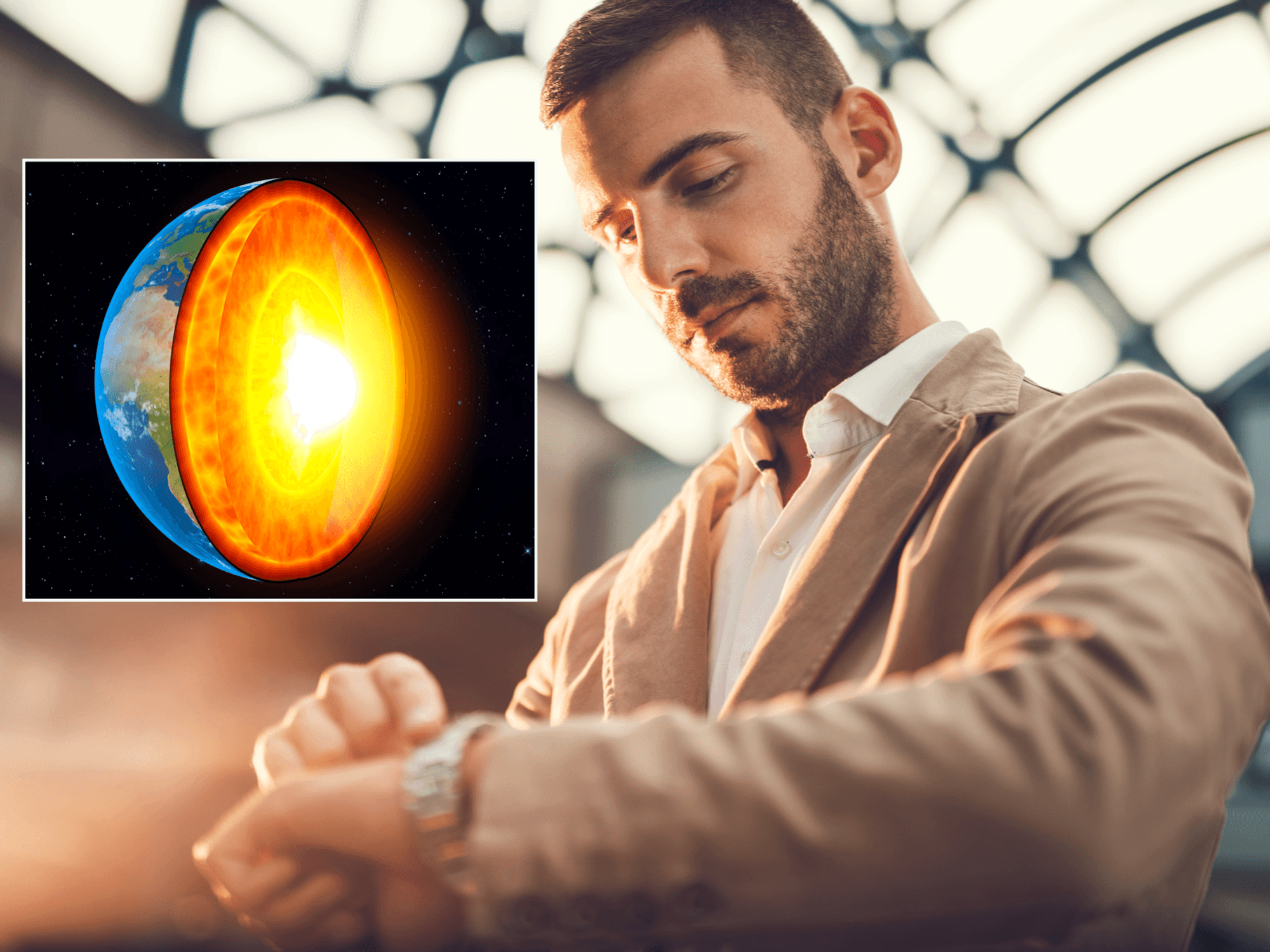 Composite image of the earth's inner core and a man looking at his watch