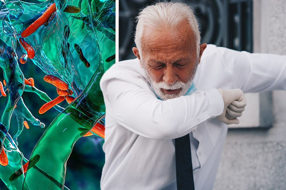 Composite image of tuberculosis and man coughing 