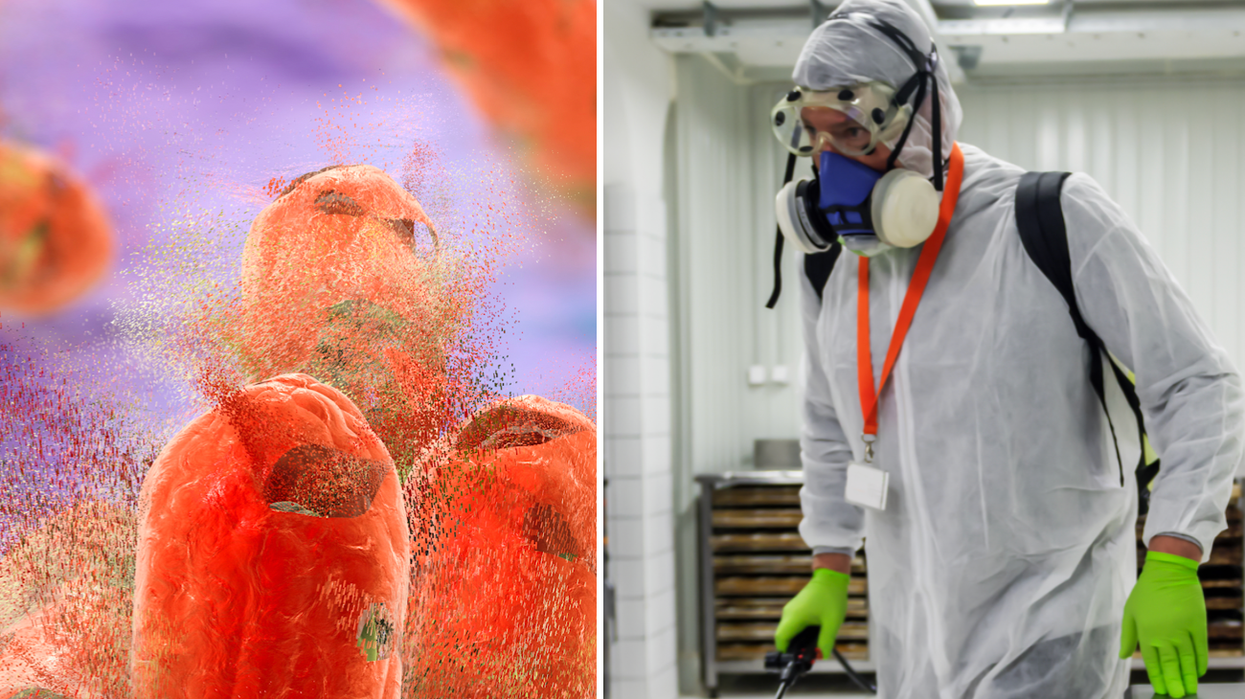 Composite image of tuberculosis bacteria Mycobacterium tuberculosis and a man in a hazmat suit