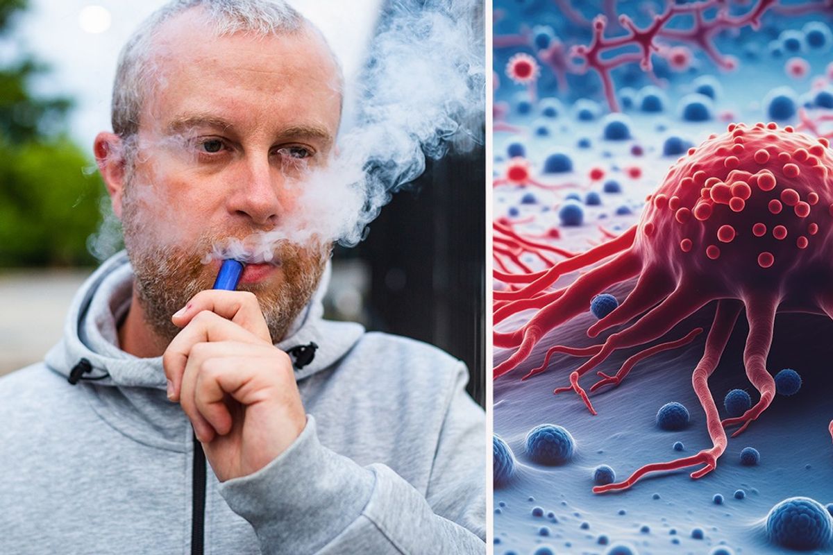Composite image of vaping and cancer cell