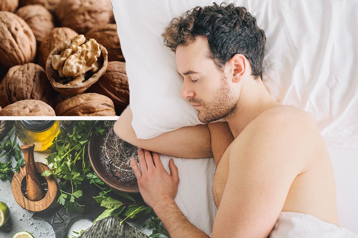 Composite image of walnuts, oily fish and man sleeping