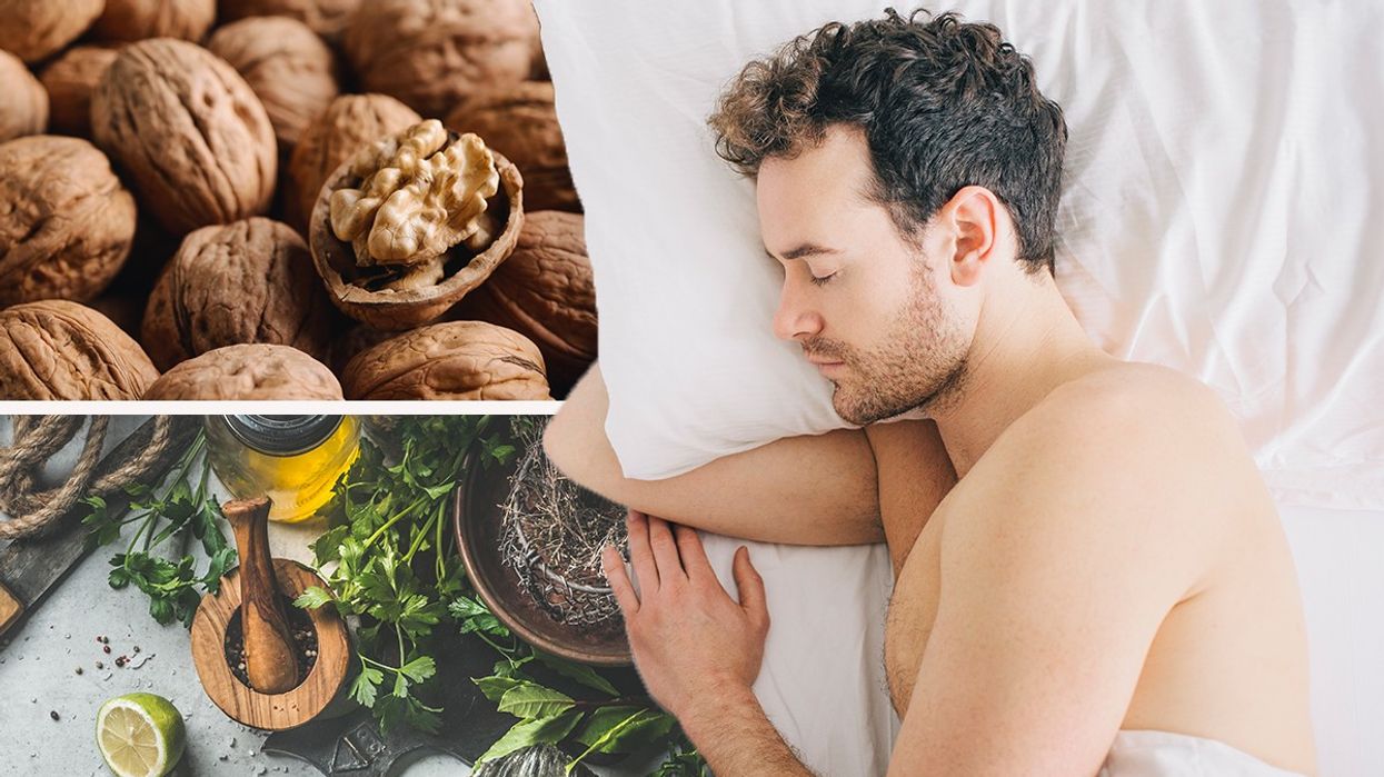 Composite image of walnuts, oily fish and man sleeping