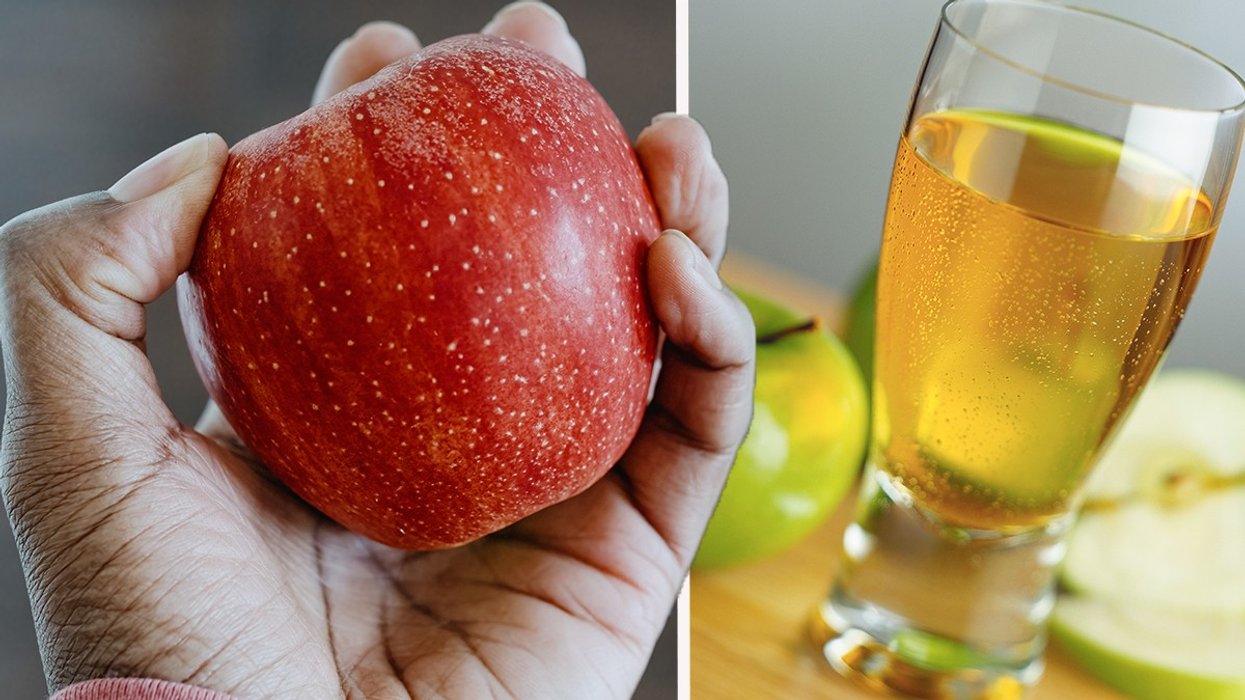 Composite image of woman holding an apple on left and a glass of apple juice on right