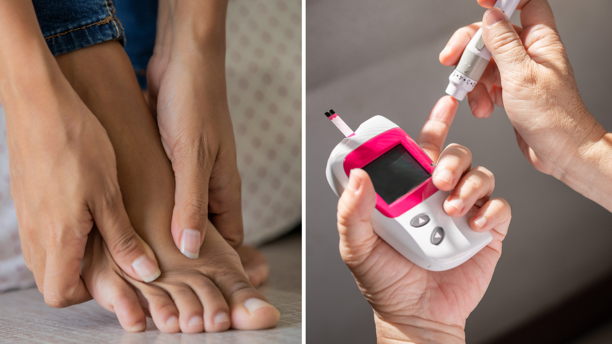 Composite image of woman holding her foot and a diabetes test on right