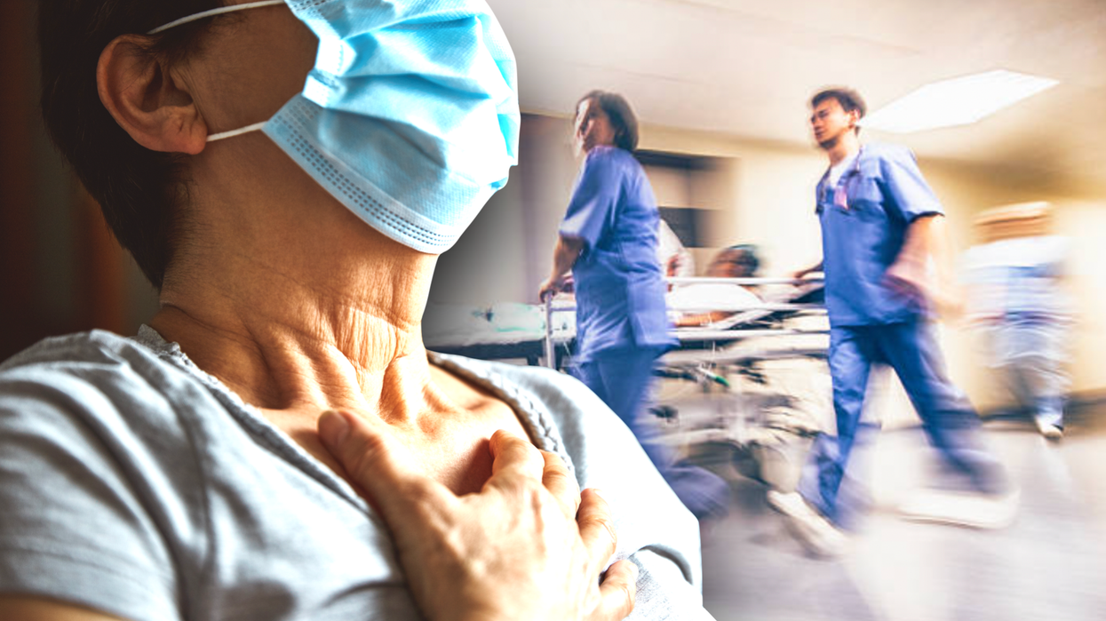 Composite image of woman in a face mask and busy hospita;