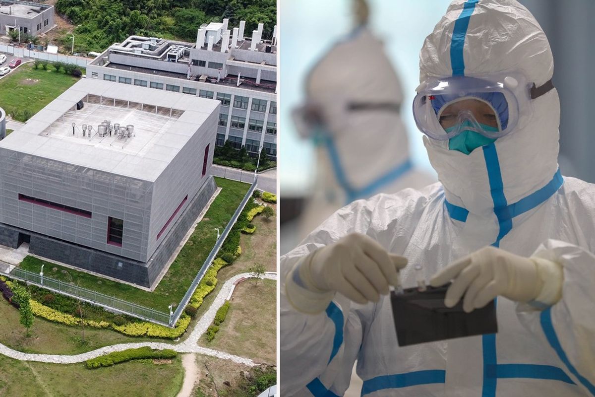 Composite image of Wuhan lab and someone doing medical research at Wuhan lab