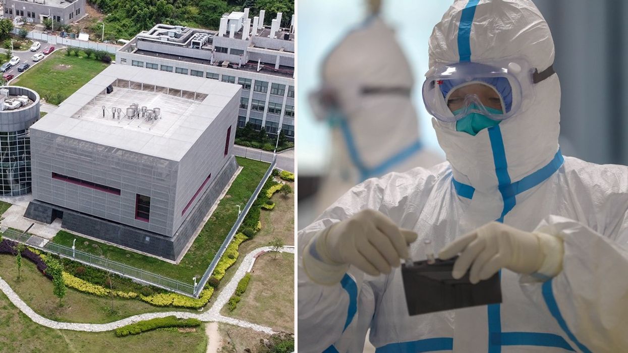 Composite image of Wuhan lab and someone doing medical research at Wuhan lab