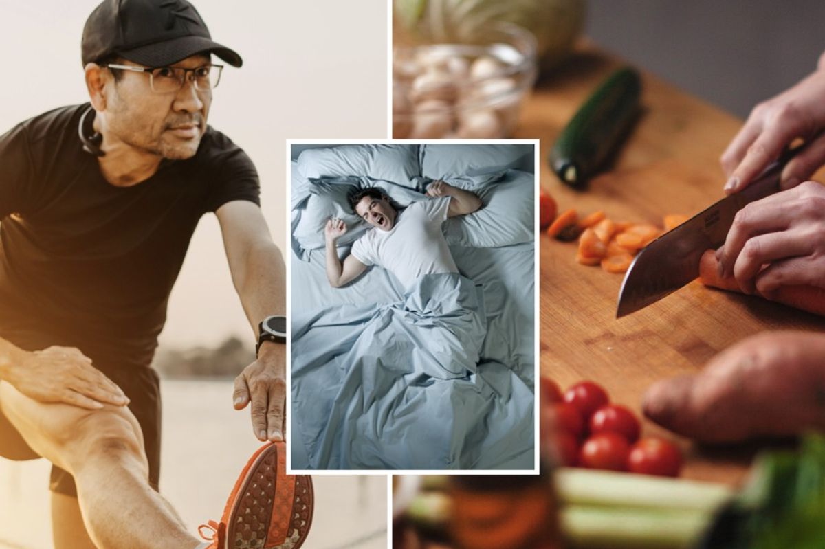 Composite images of man stretching, waking up from sleep and chopping vegetables on a board 