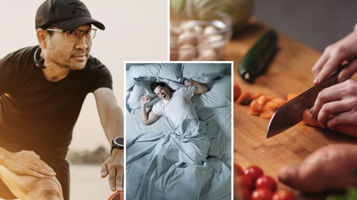 Composite images of man stretching, waking up from sleep and chopping vegetables on a board