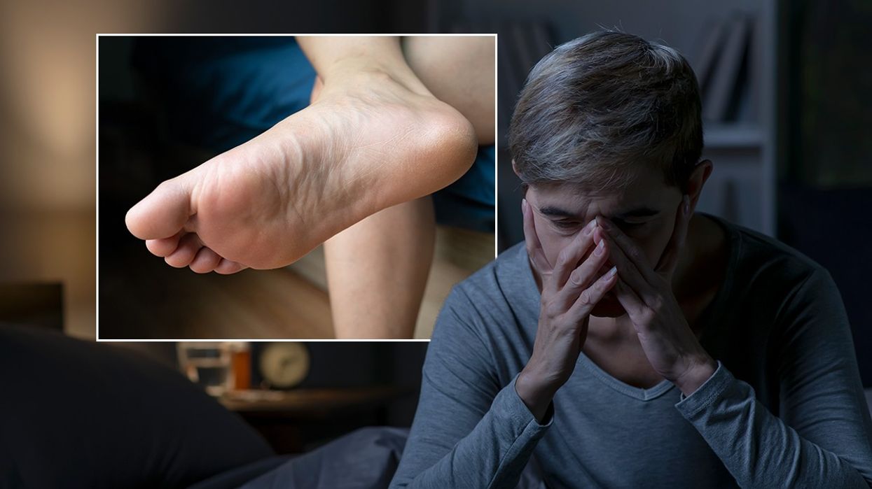 Composite images of man with his head in hands and a foot