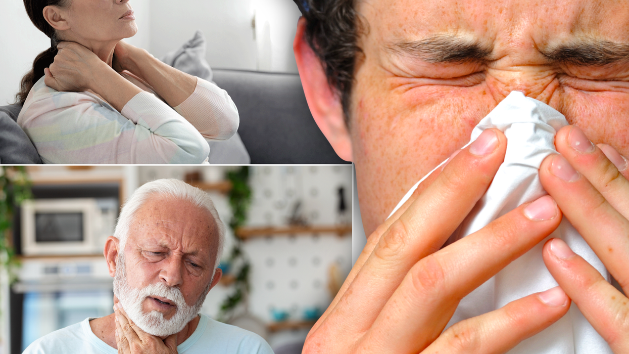 Composite images of people suffering from fatigue, throat pain and runny nose