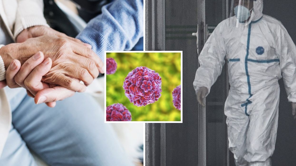 Composite images of person holding someone's hand in a wheelchair, virus and scientist in hazmat suit