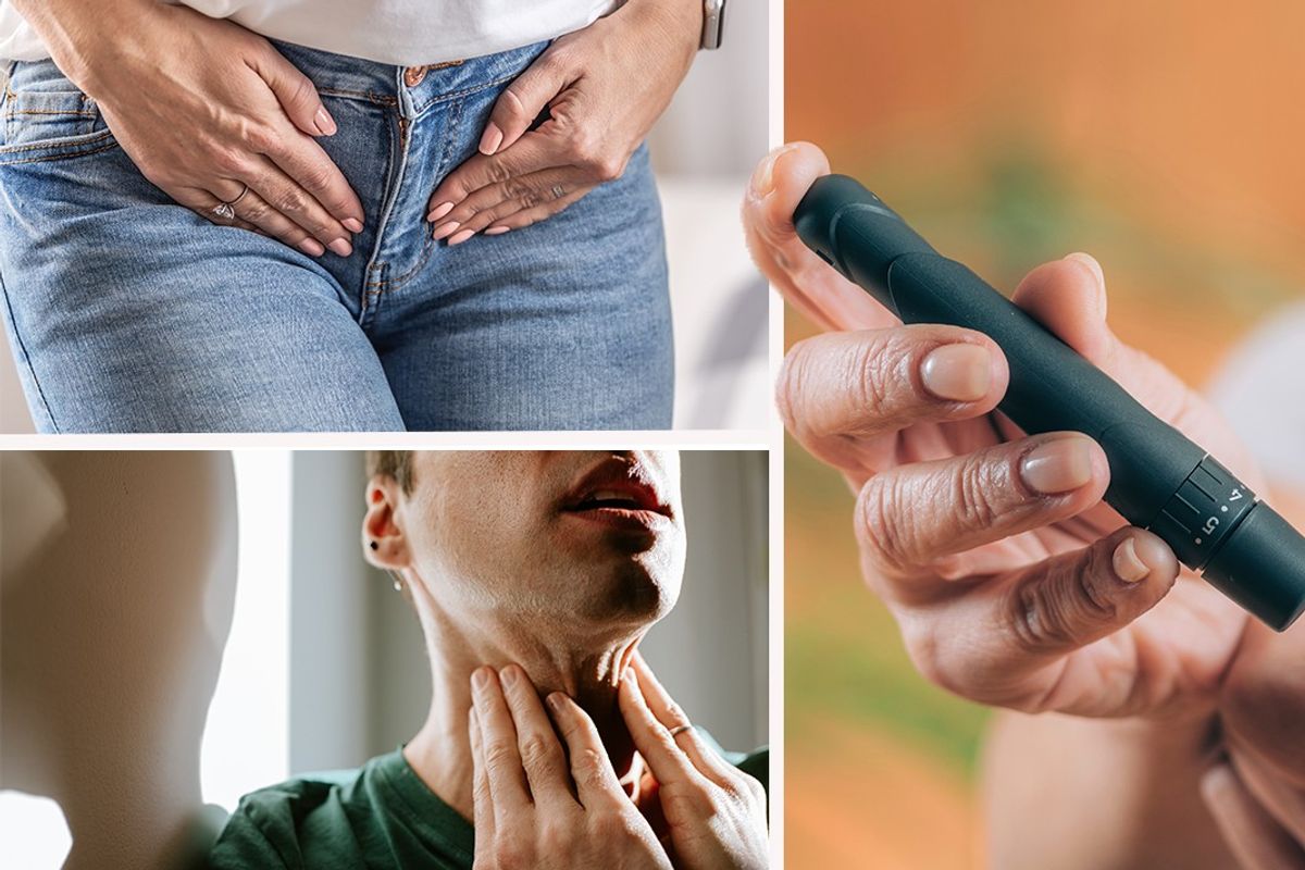 Composite images of woman holding her crotch, man gripping his throat and diabetic finger prick