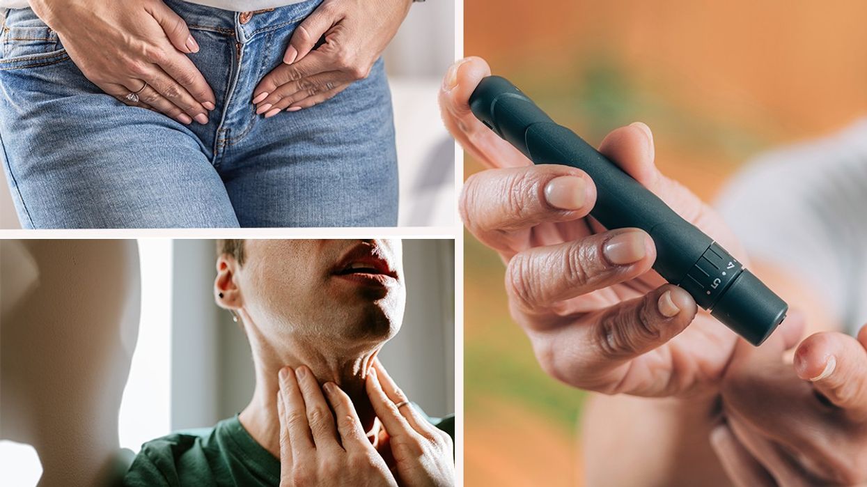 Composite images of woman holding her crotch, man gripping his throat and diabetic finger prick