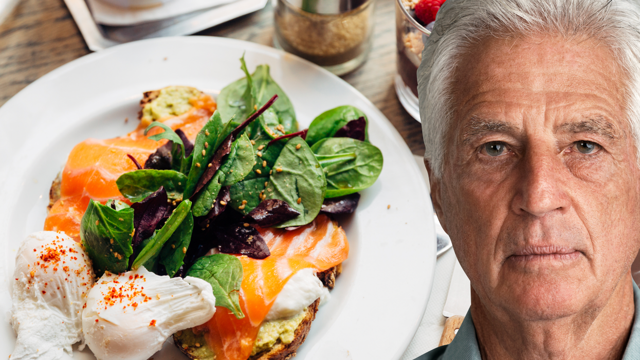 Composition image of eggs and older man
