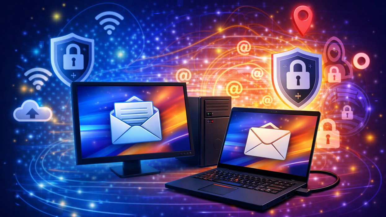 computers with email symbols pictured on-screen with secure VPN imagery in the background