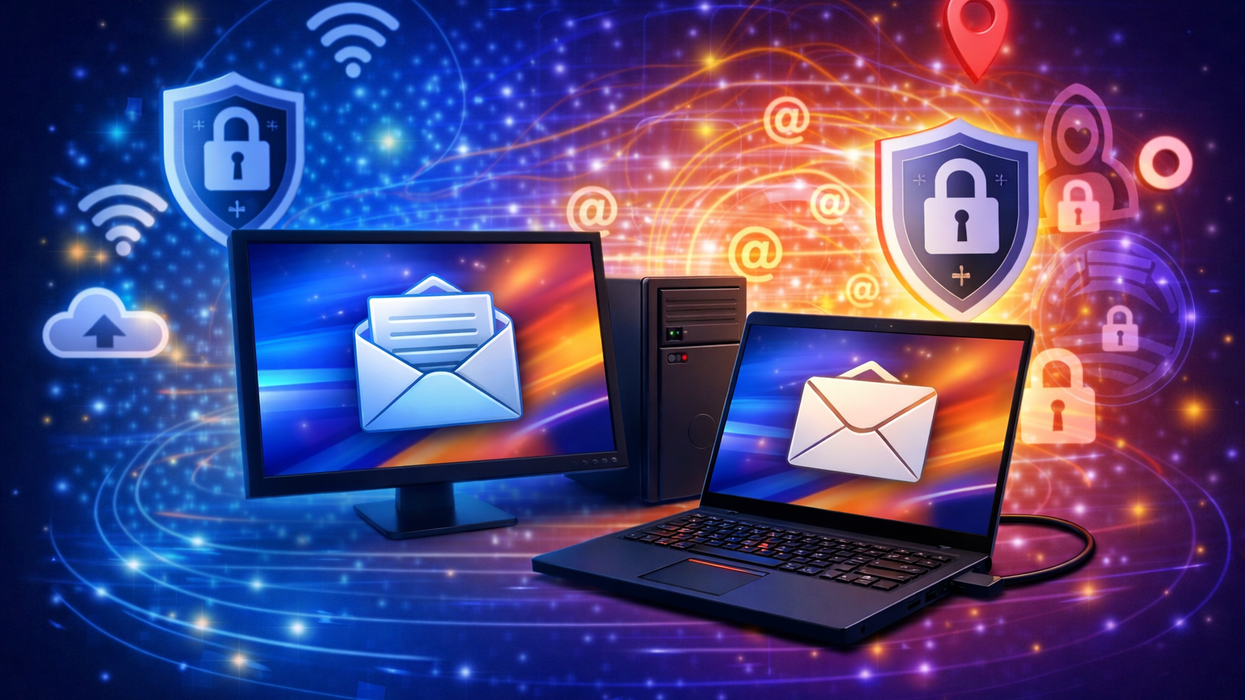 computers with email symbols pictured on-screen with secure VPN imagery in the background