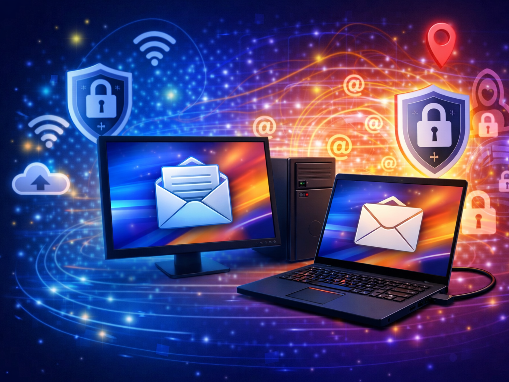 computers with email symbols pictured on-screen with secure VPN imagery in the background