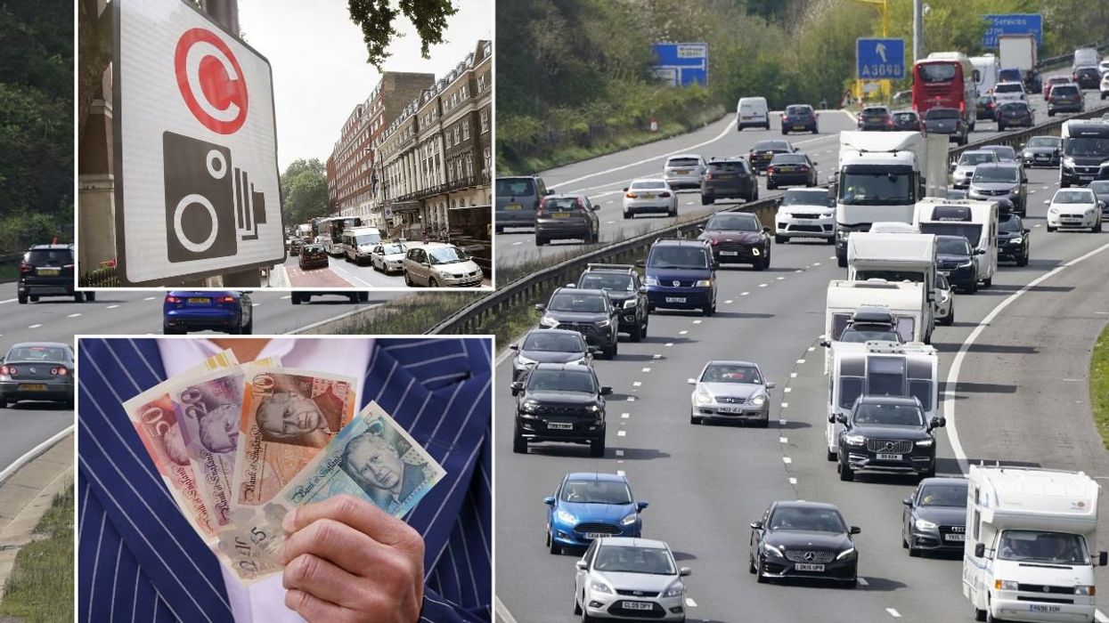 Congestion Charge sign, a man holding money and a busy UK motorway