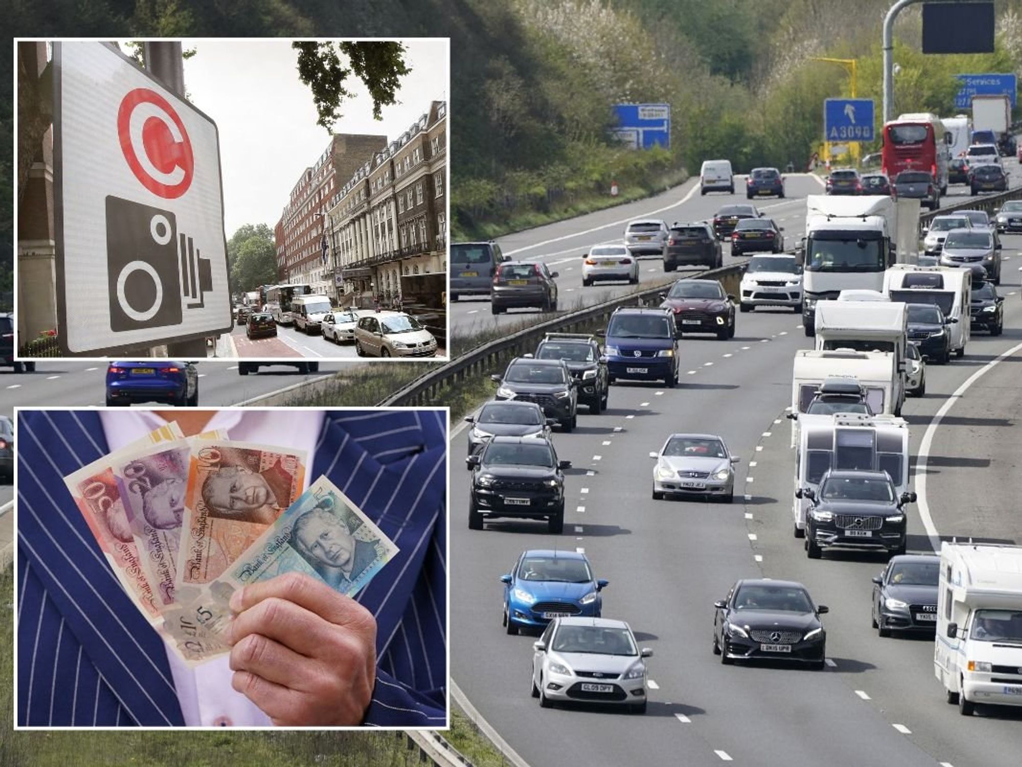 Congestion Charge sign, a man holding money and a busy UK motorway