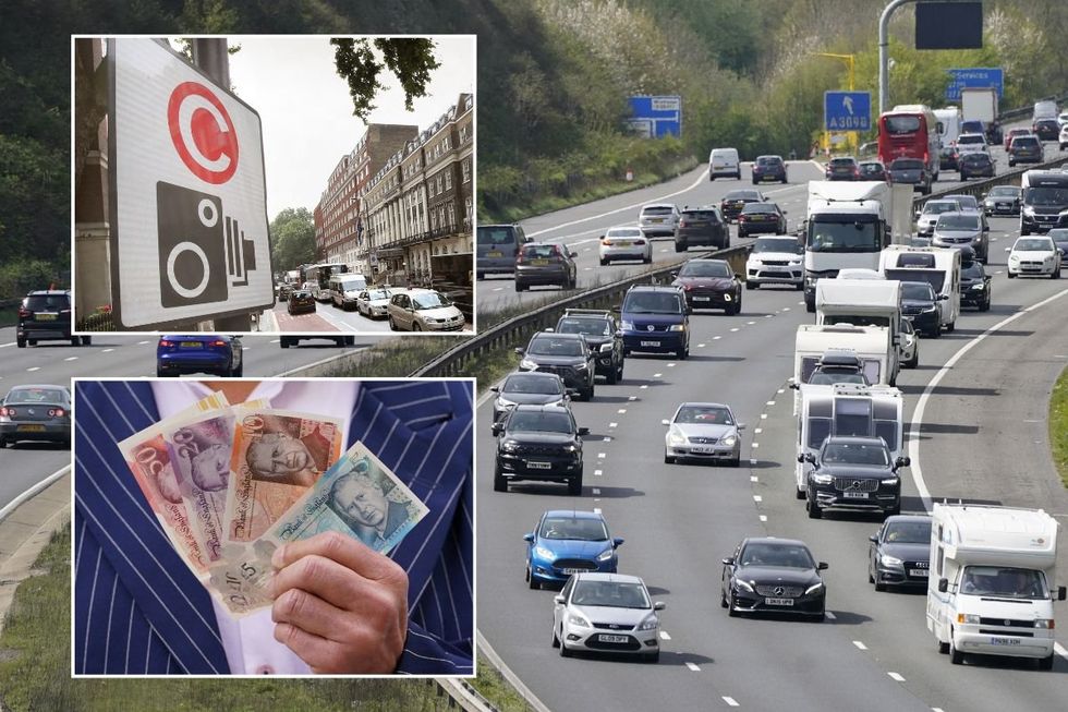 Congestion Charge sign, a man holding money and a busy UK motorway