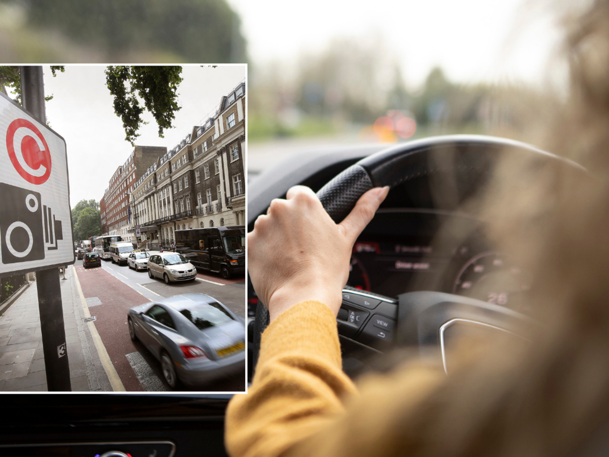 Congestion charge sign and driver in car