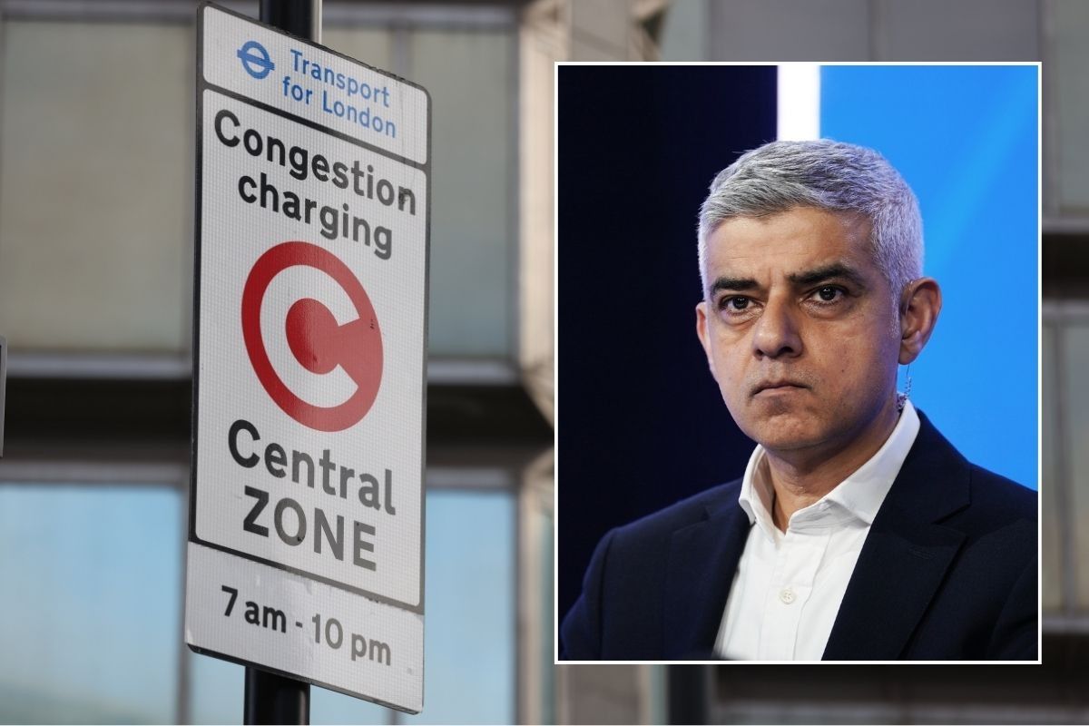 Congestion Charge sign and London Mayor Sadiq Khan