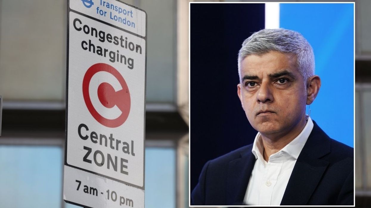 Congestion Charge sign and London Mayor Sadiq Khan